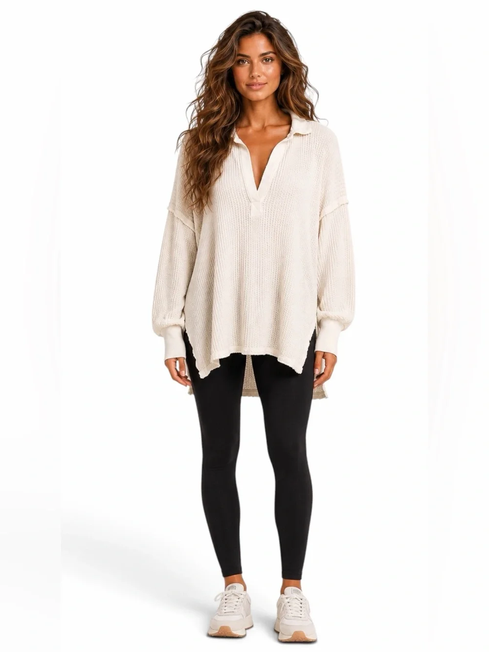 Free People | We The Free – Travis Polo Oversized Waffle Knit – Ivory – Sz. M